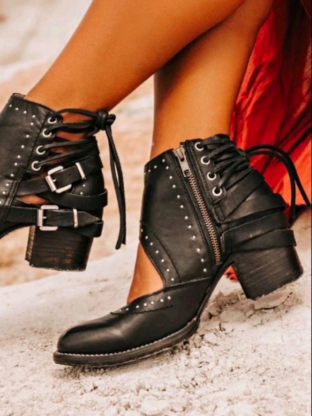 Freebird Desert Black Leather Cutout Ankle Booties